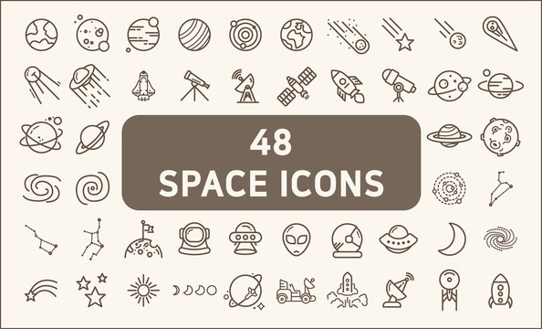 Set of 48 space and planet Vector Line Icons, thin line style.Contains such Icons as space, planet, alien, solar, astronaut, technology, space travels, stars, exploration And Other Elements.