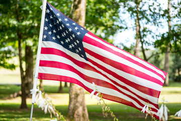 American Flag USA waving in the wind, green backdrop of trees and blue sky