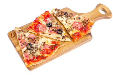 Kitchen wooden board with pizza slices isolated on white background.