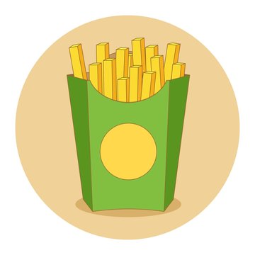 Fries in box vector illustration in flat style. French fries inside red packaging isolated on colored background. French fries potato image.