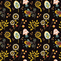 Dark fantasy flowers and mushroom seamless pattern