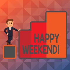 Text sign showing Happy Weekend. Business photo showcasing something nice has happened or they feel satisfied with life Happy Businessman Presenting Growth and Success in Rising Bar Graph Columns