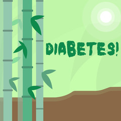 Fototapeta na wymiar Conceptual hand writing showing Diabetes. Concept meaning Chronic disease associated to high levels of sugar glucose in blood Colorful Set of Leafy Bamboo and Moon or Sun with Round Beam