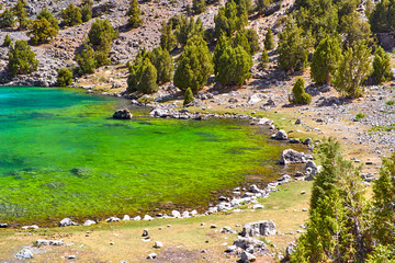Fototapeta na wymiar Alaudin, Green Lake. urquoise, virid water. Fann, Pamir Alay, Tajikistan
