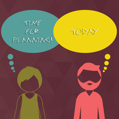Writing note showing Time For Planning. Business concept for Start of a project Making decisions Organizing schedule Bearded Man and Woman with the Blank Colorful Thought Bubble