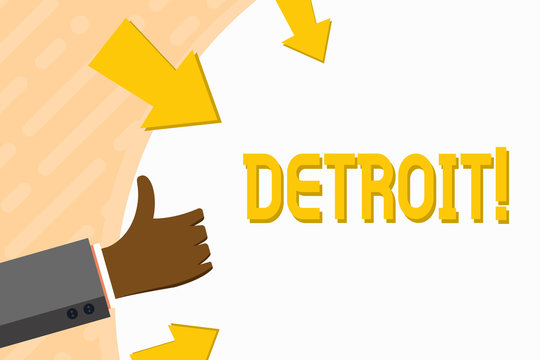 Word writing text Detroit. Business photo showcasing City in the United States of America Capital of Michigan Motown Hand Gesturing Thumbs Up and Holding on Blank Space Round Shape with Arrows