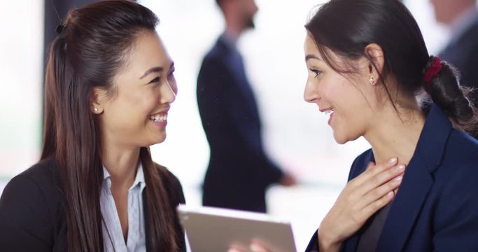 4K Excited professional woman having a discussion with party event planner
