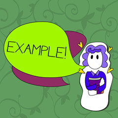 Conceptual hand writing showing Example. Concept meaning Illustration Sample Model to follow Guide Explanation For instance Girl Holding Book with Hearts Around her and Speech Bubble