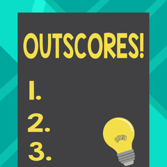 Text sign showing Outscores. Business photo text Score more point than others Examination Tests running Health care Incandescent Light Bulb with Filament Inside Resting on Blank Color Paper