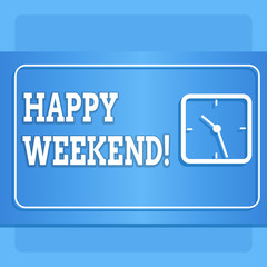 Fototapeta premium Word writing text Happy Weekend. Business photo showcasing something nice has happened or they feel satisfied with life Modern Design of Transparent Square Analog Clock on Two Tone Pastel Backdrop