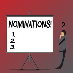 Text sign showing Nominations. Business photo showcasing Suggestions of someone or something for a job position or prize Businessman with Question Mark Above his Head Standing Beside Blank Screen
