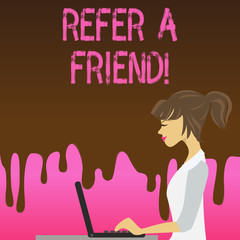 Conceptual hand writing showing Refer A Friend. Concept meaning direct someone to another or send him something like gift Strip Size Lined Paper Sheet Hanging Using Blue Clothespin