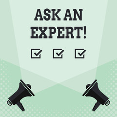 Conceptual hand writing showing Ask An Expert. Concept meaning confirmation that have read understand and agree with guidelines Spotlight Crisscrossing Upward from Megaphones on the Floor