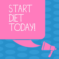 Word writing text Start Diet Today. Business photo showcasing special course food to which demonstrating restricts themselves Color Silhouette of Blank Square Speech Bubble and Megaphone photo
