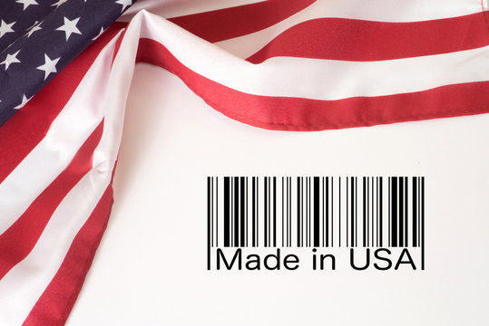 Flagge von Amerika, Barcode und Slogan Made in USA