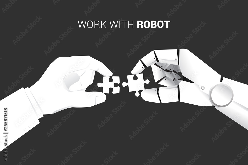 Poster close up businessman and robot hand put jigsaw piece to fit together. business concept of solution and working with machine learning. Artificial Intelligence management.