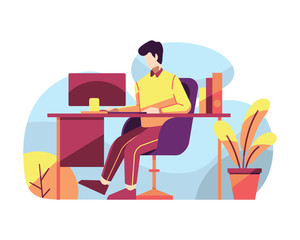 Man working at his office desk vector illustration
