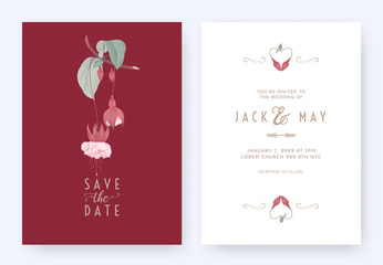 Floral wedding invitation card template design, Fuchsia icy pink flowers with leaves on red, pastel vintage theme