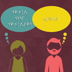 Writing note showing Train The Trainer. Business concept for Learning Technique Students being teachers themselves Bearded Man and Woman with the Blank Colorful Thought Bubble