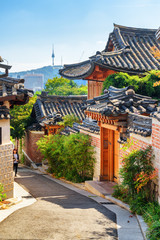 Scenic old narrow street and traditional Korean houses in Seoul