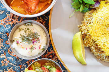 Scenic top view of traditional Iranian dishes and snacks