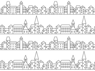Black and white houses and buildings small town street linear art seamless pattern, vector