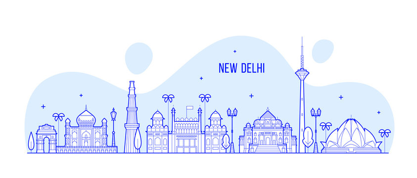Outline Delhi India City Skyline With Historic Buildings And Reflections  Isolated On White Stock Illustration - Download Image Now - iStock