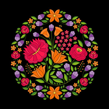 Hungarian folk pattern vector. Kalocsa floral ethnic ornament. Slavic eastern european circle print on black background. Vintage traditional flower design for home textile embroidery, holiday cards.