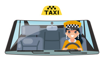 Woman taxi vehicle interior driver car wheel ride driving female isolated flat design vector illustration © alestraza