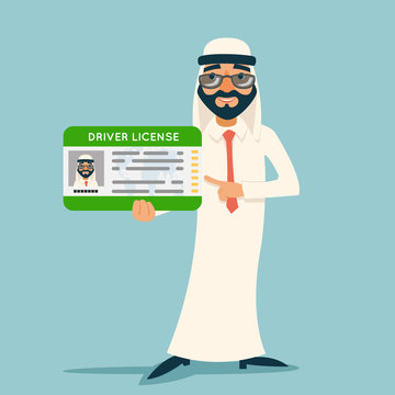 Cartoon character arab car driver license businessman traditional national muslim clothes retro design vector illustration