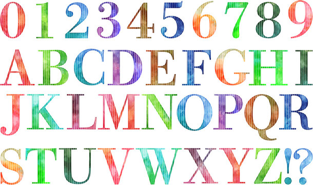 水彩テクスチャのアルファベットと数字のセット（明朝体）