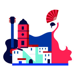 Andalucian vector illustration of white mediterranean town and flamenco dancing woman