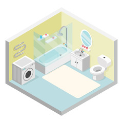 Bathroom isometric toilet sink washing machine shower modern furniture room cutaway flat design isolated concept vector illustration