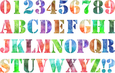 水彩テクスチャのアルファベットと数字のセット（ステンシル）