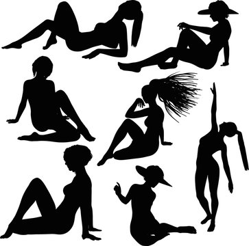 Silhouettes of women on the beach. Vector image