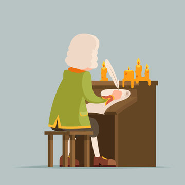 Back chronicler noble writer scribe playwright medieval aristocrat periwig pen music stand scroll candles mascot cartoon design vector illustration
