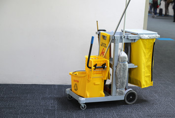 Closeup of janitorial, cleaning equipment and tools for floor cleaning at the airport. 