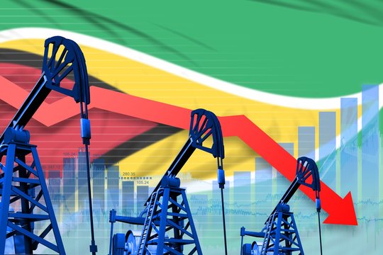 lowering, falling graph on Guyana flag background - industrial illustration of Guyana oil industry or market concept. 3D Illustration