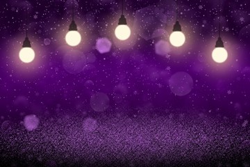 Fototapeta na wymiar purple wonderful shining glitter lights defocused bokeh abstract background with light bulbs and falling snow flakes fly, festal mockup texture with blank space for your content