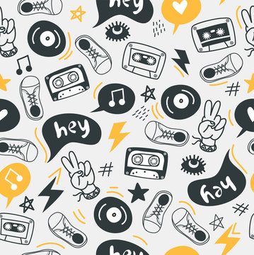 musical hipster retro vector seamless pattern. Trendy vector hand drawn illustration  for wrapping paper, textile print, wallpaper