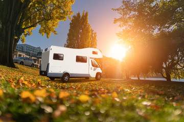 Motor home on autumn view at New Zealand