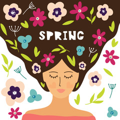 Vector illustration of woman with spring flowers in her hair. Design for poster, card, invitation, brochure and other.