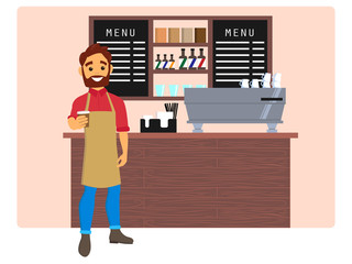 Barista giving coffee to go in a cafe interior. Design of coffee shop, coffee bar. Vector illustration in flat style