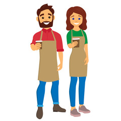 Baristas giving coffee to go. Young man and woman with an aprons. Character vector illustration