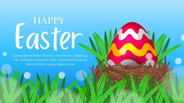 big egg red decorative on the green grass with blue sky background for easter event party