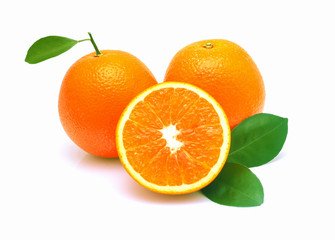 Fototapeta na wymiar Orange fruit with leaf isolated on white background