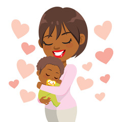 Young happy caring smiling African American mother holding sleeping cute baby