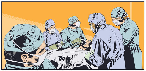 Doctors in surgical masks. Operating room. Stock illustration.