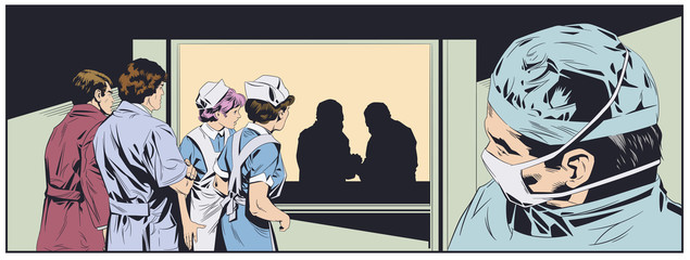 Doctors in surgical masks. Hospital corridors. Stock illustration.