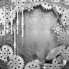 Abstract black and white square background with steampunk elements with gears, clock hands, chains and various metal details. Empty space under the text in the center. 3D illustration